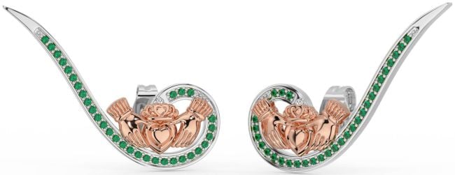 Emerald Rose Gold Silver Claddagh Climber Earrings