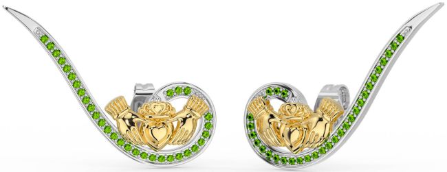 Peridot Gold Silver Claddagh Climber Earrings
