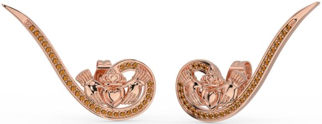 Citrine Rose Gold Silver Claddagh Climber Earrings