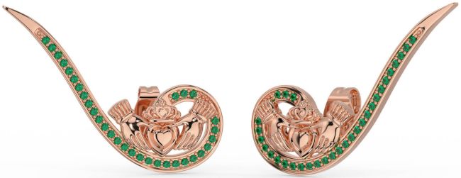 Emerald Rose Gold Silver Claddagh Climber Earrings