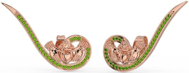 Peridot Rose Gold Silver Claddagh Climber Earrings