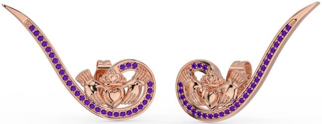 Amethyst Rose Gold Claddagh Climber Earrings