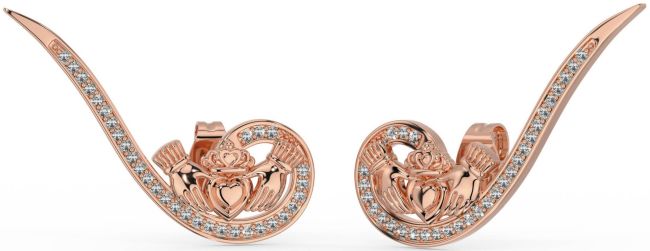 Diamond Rose Gold Claddagh Climber Earrings