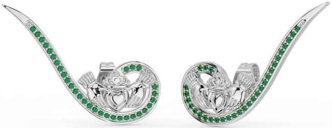 Emerald Silver Claddagh Climber Earrings