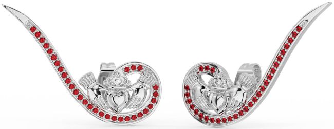 Ruby Silver Claddagh Climber Earrings