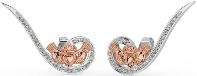 Diamond Rose Gold Silver Claddagh Climber Earrings