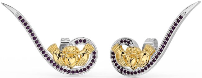 Alexandrite Gold Silver Claddagh Climber Earrings