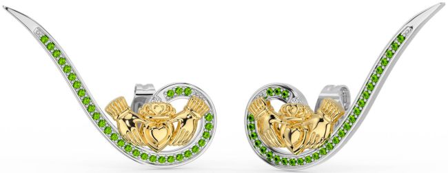 Peridot Gold Silver Claddagh Climber Earrings