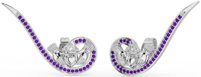 Amethyst White Gold Claddagh Climber Earrings