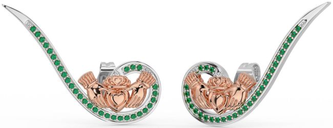 Emerald White Rose Gold Claddagh Climber Earrings