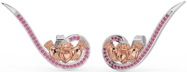 Pink Tourmaline White Rose Gold Claddagh Climber Earrings