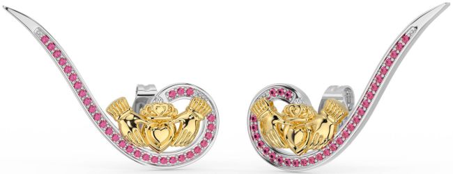 Pink Tourmaline White Yellow Gold Claddagh Climber Earrings