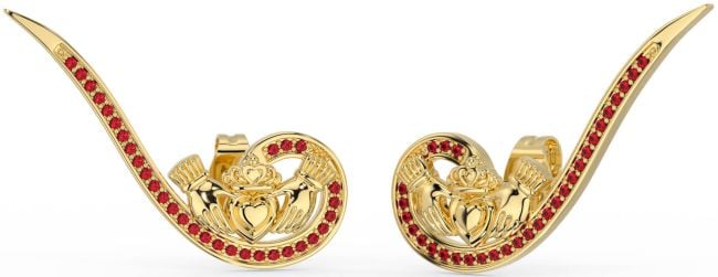 Ruby Gold Claddagh Climber Earrings