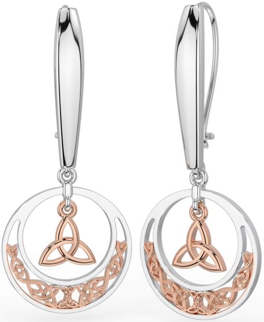 Rose Gold Silver Celtic Trinity Knot Dangle Earrings