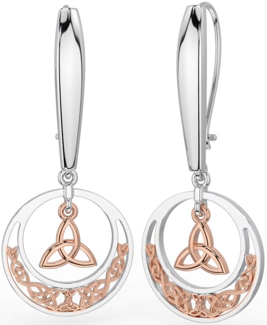 White Rose Gold Celtic Trinity Knot Dangle Earrings