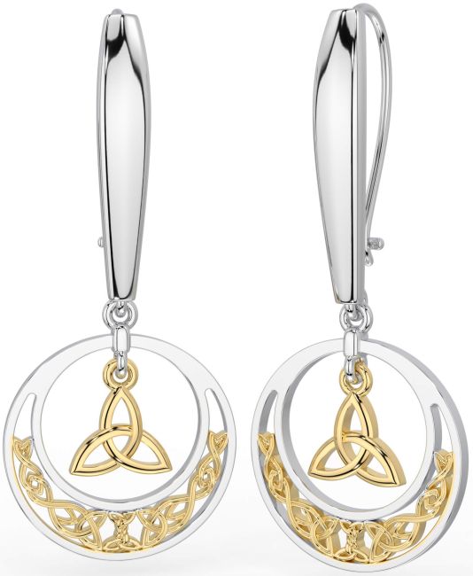 White Yellow Gold Celtic Trinity Knot Dangle Earrings