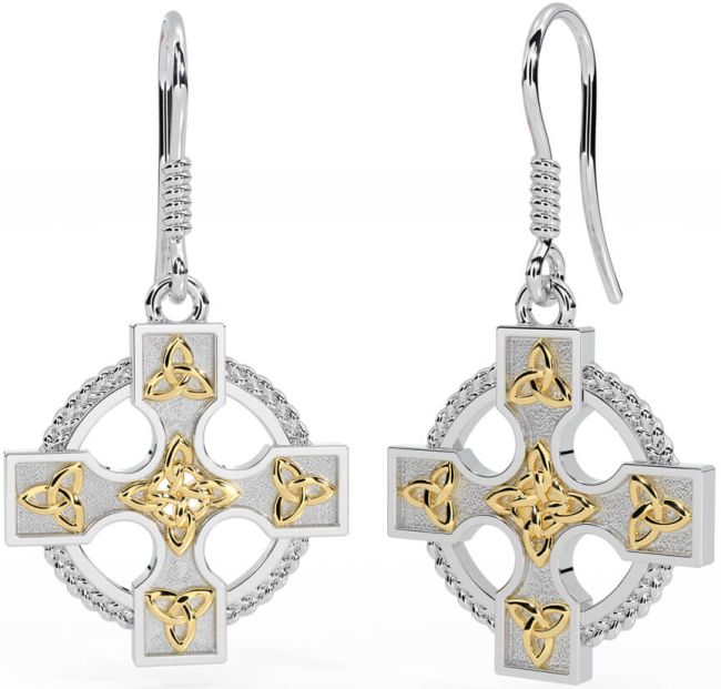 Gold Silver Celtic Cross Dangle Earrings