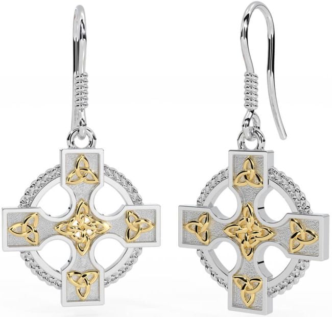 White Yellow Gold Celtic Cross Dangle Earrings