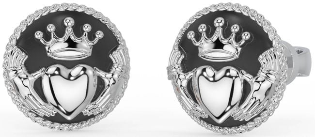 Men's Silver Black Rhodium Claddagh Stud Earrings