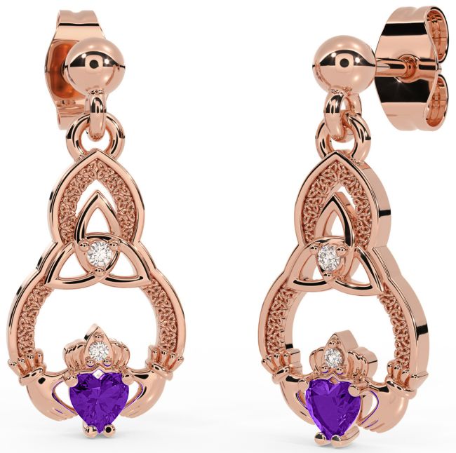 Diamond Amethyst Rose Gold Silver Claddagh Celtic Trinity Knot Dangle Earrings