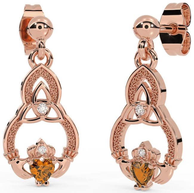 Diamond Citrine Rose Gold Silver Claddagh Celtic Trinity Knot Dangle Earrings