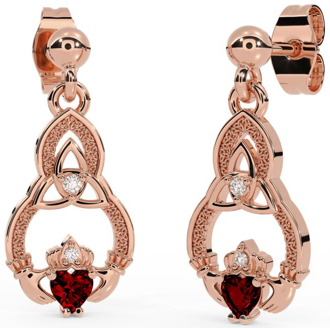 Diamond Garnet Rose Gold Silver Claddagh Celtic Trinity Knot Dangle Earrings