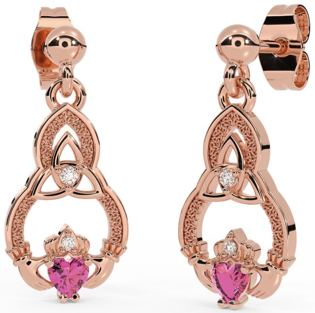 Diamond Pink Tourmaline Rose Gold Silver Claddagh Celtic Trinity Knot Dangle Earrings