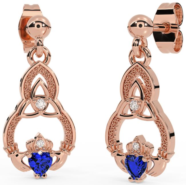 Diamond Sapphire Rose Gold Silver Claddagh Celtic Trinity Knot Dangle Earrings