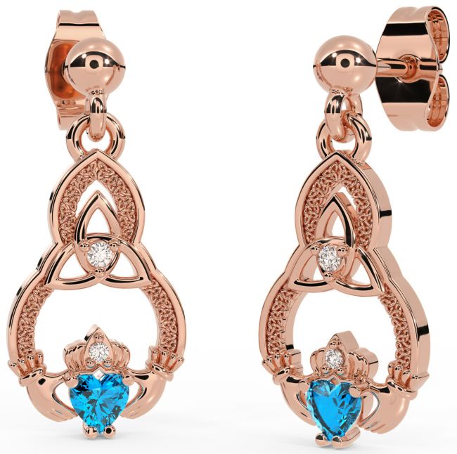 Diamond Topaz Rose Gold Silver Claddagh Celtic Trinity Knot Dangle Earrings