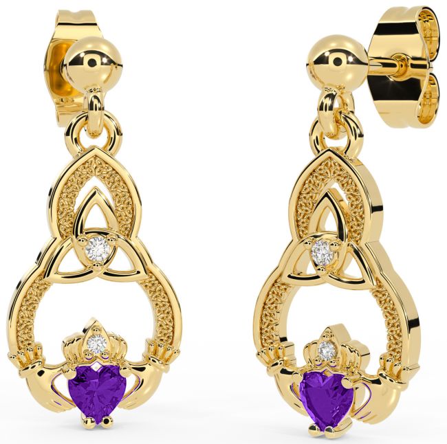 Diamond Amethyst Gold Silver Claddagh Celtic Trinity Knot Dangle Earrings