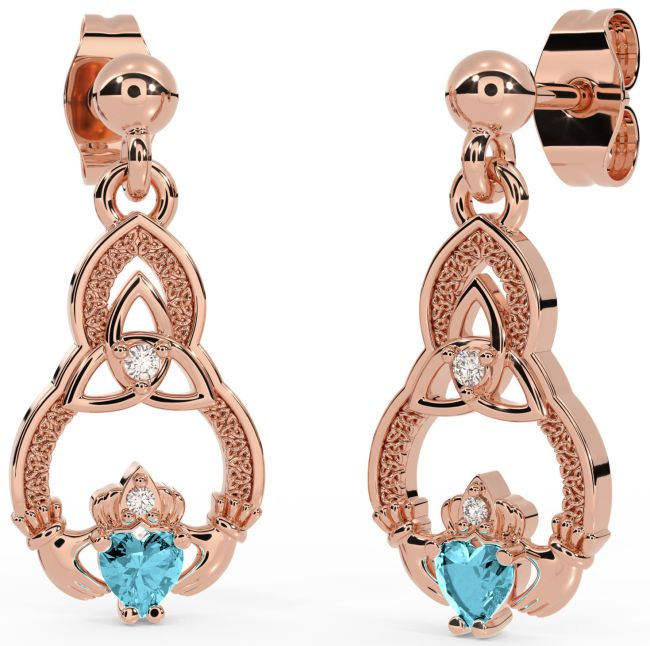 Diamond Aquamarine Rose Gold Claddagh Celtic Trinity Knot Dangle Earrings