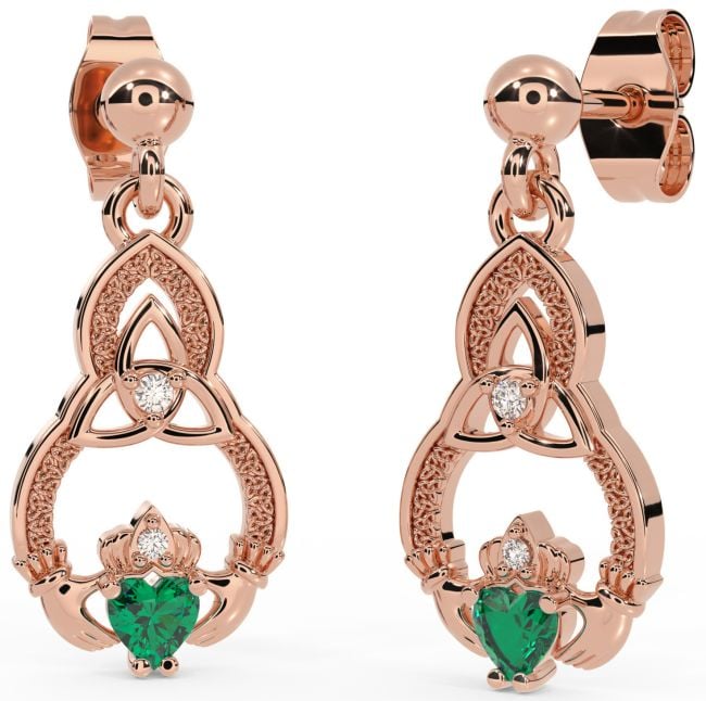 Diamond Emerald Rose Gold Claddagh Celtic Trinity Knot Dangle Earrings