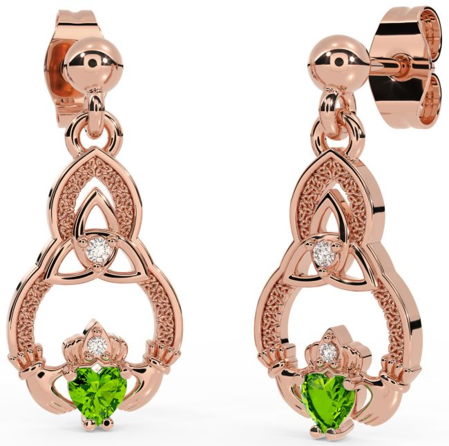 Diamond Peridot Rose Gold Claddagh Celtic Trinity Knot Dangle Earrings