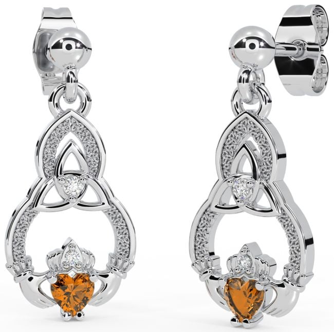 Diamond Citrine Silver Claddagh Celtic Trinity Knot Dangle Earrings