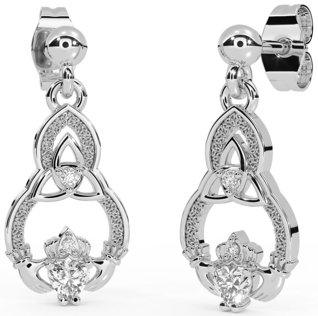 Diamond Silver Claddagh Celtic Trinity Knot Dangle Earrings