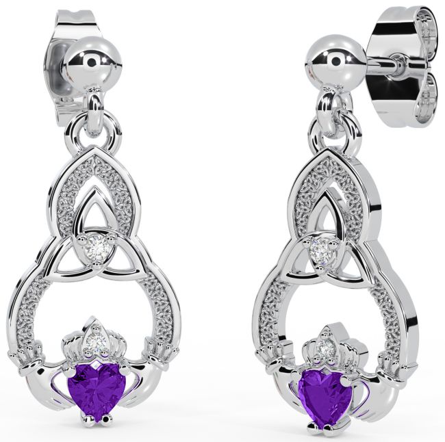 Diamond Amethyst White Gold Claddagh Celtic Trinity Knot Dangle Earrings