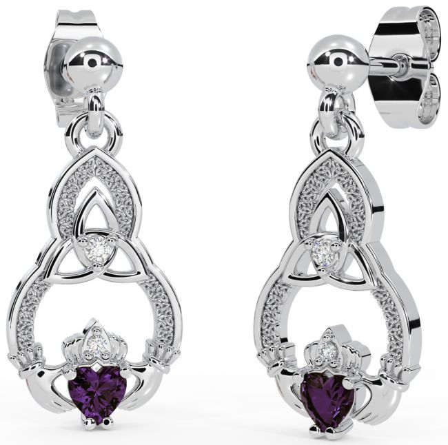 Diamond Alexandrite White Gold Claddagh Celtic Trinity Knot Dangle Earrings