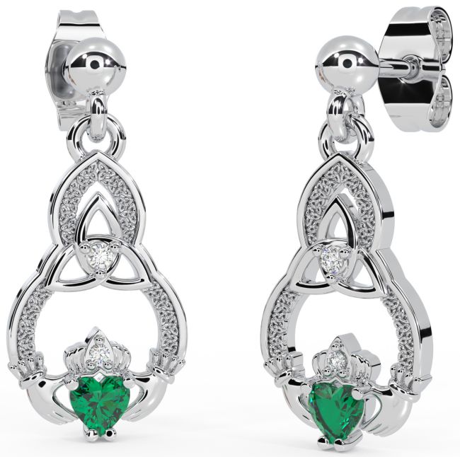 Diamond Emerald White Gold Claddagh Celtic Trinity Knot Dangle Earrings