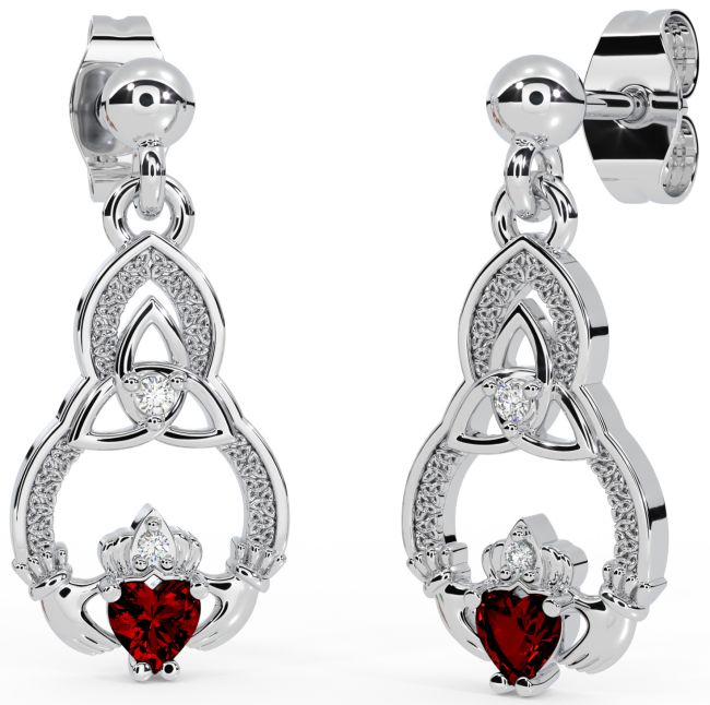 Diamond Garnet White Gold Claddagh Celtic Trinity Knot Dangle Earrings