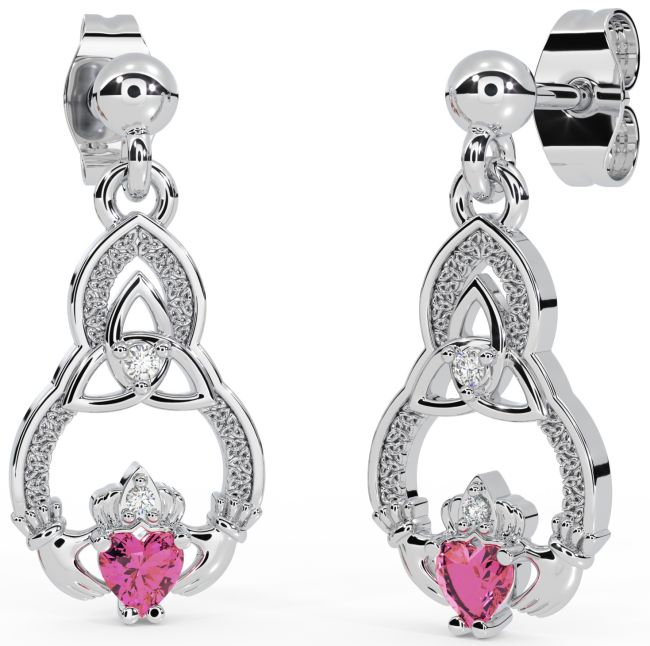 Diamond Pink Tourmaline White Gold Claddagh Celtic Trinity Knot Dangle Earrings