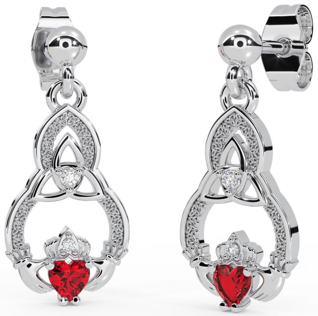 Diamond Ruby White Gold Claddagh Celtic Trinity Knot Dangle Earrings