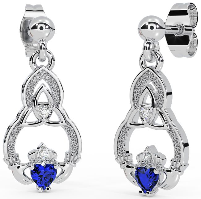 Diamond Sapphire White Gold Claddagh Celtic Trinity Knot Dangle Earrings