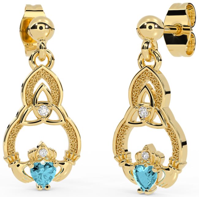Diamond Aquamarine Gold Claddagh Celtic Trinity Knot Dangle Earrings