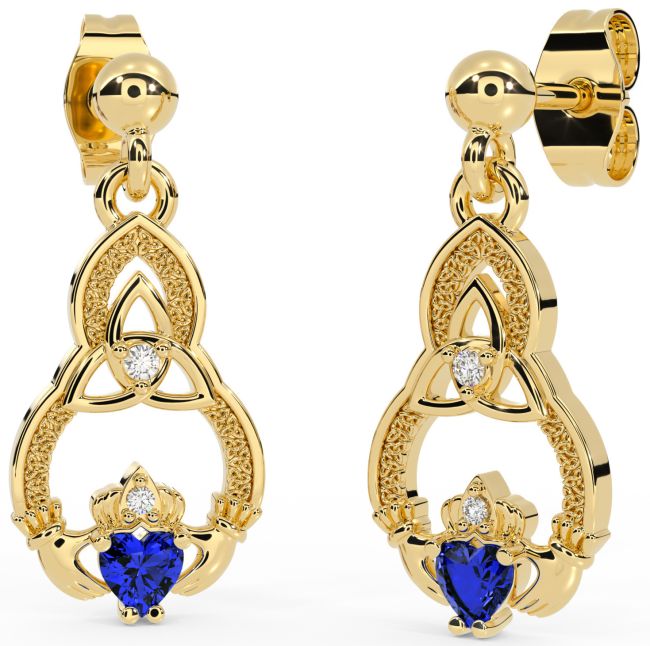 Diamond Sapphire Gold Claddagh Celtic Trinity Knot Dangle Earrings