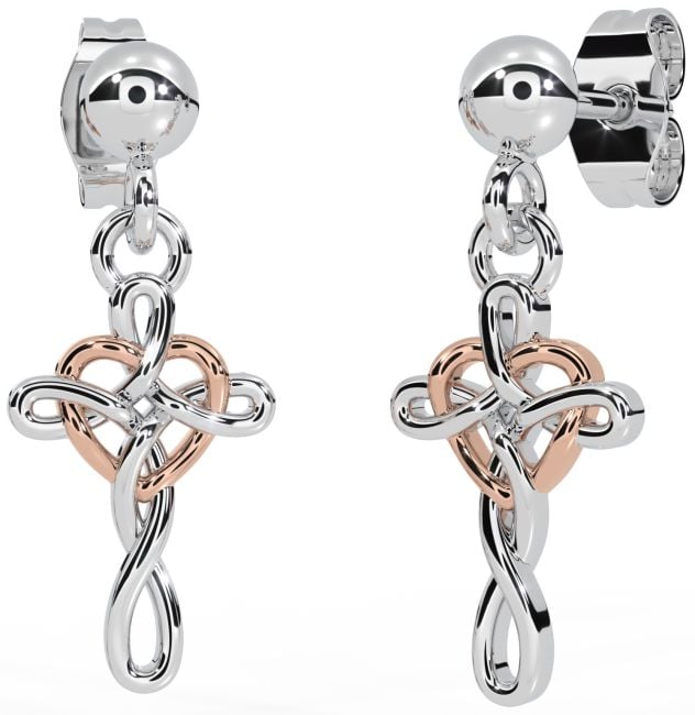 Rose Gold Silver Celtic Cross Heart Dangle Earrings