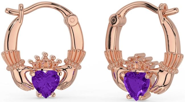 Amethyst Rose Gold Silver Claddagh Hoop Earrings