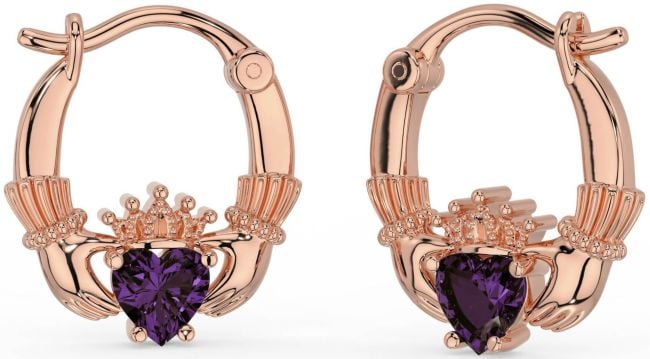 Alexandrite Rose Gold Silver Claddagh Hoop Earrings