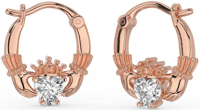 Diamond Rose Gold Silver Claddagh Hoop Earrings