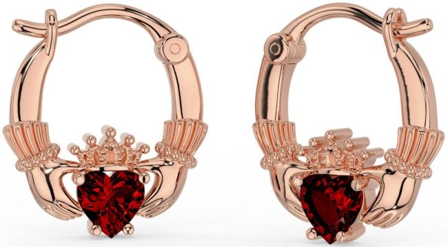 Garnet Rose Gold Silver Claddagh Hoop Earrings