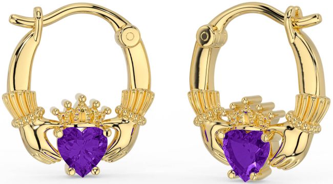 Amethyst Gold Silver Claddagh Hoop Earrings